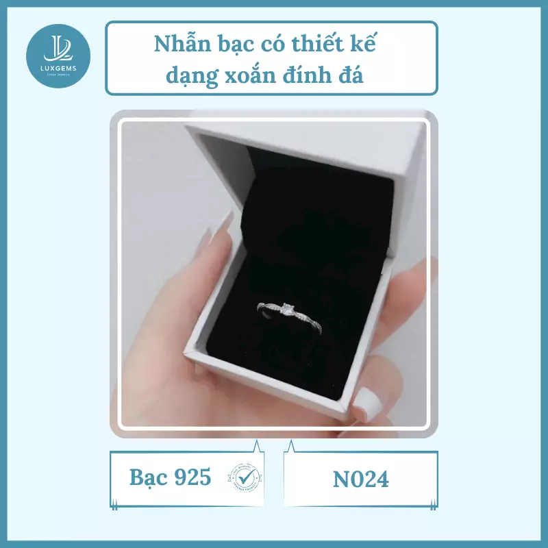 Nhẫn bạc Luxgems có thiết kế dạng xoắn đính đá_N024