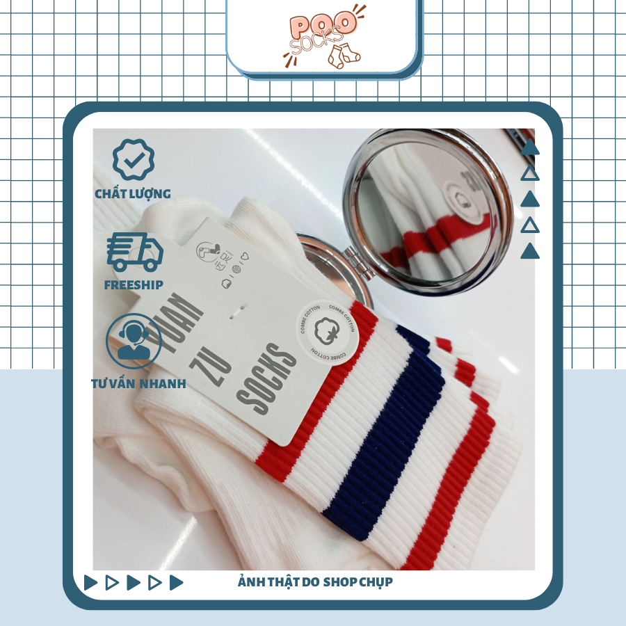 Tất Vớ Cổ Cao POOSOCKS Phong Cách Unisex Hàn Quốc Dreamday Ba Sọc Màu Trắng Cực Kì Basic Dễ Phối Giày