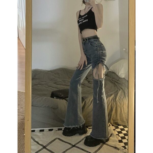 Quần Jean Nữ Ống Loe Dây Rút Eo Cao Mỏng Rách