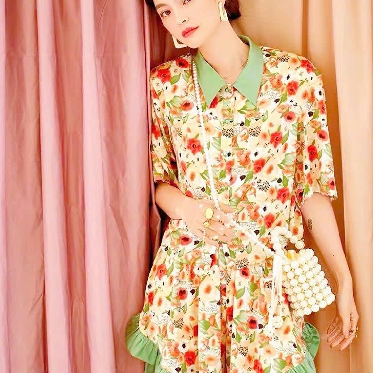 Pijama Lụa Green Collar Flower