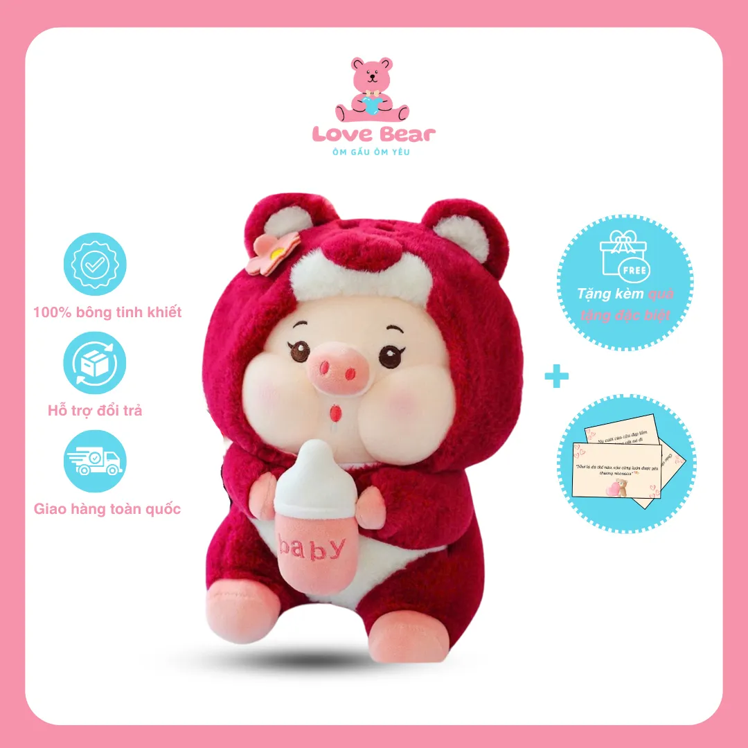 Gấu bông heo cosplay gấu dâu ôm bình sữa