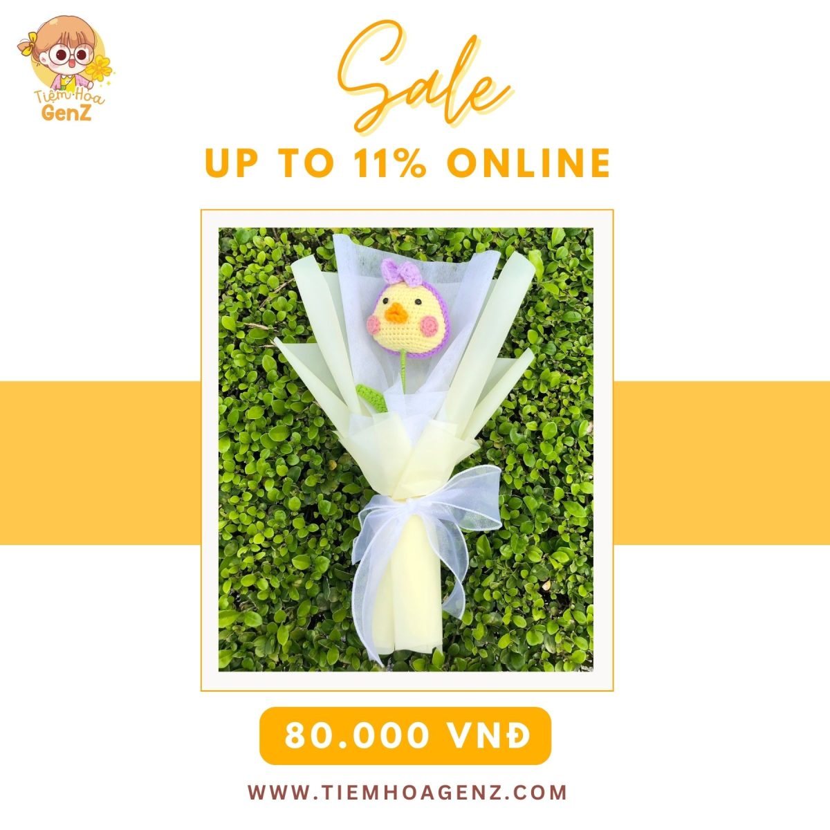 Bó Hoa Len Handmade Gà Nơ Tím Dễ Thương