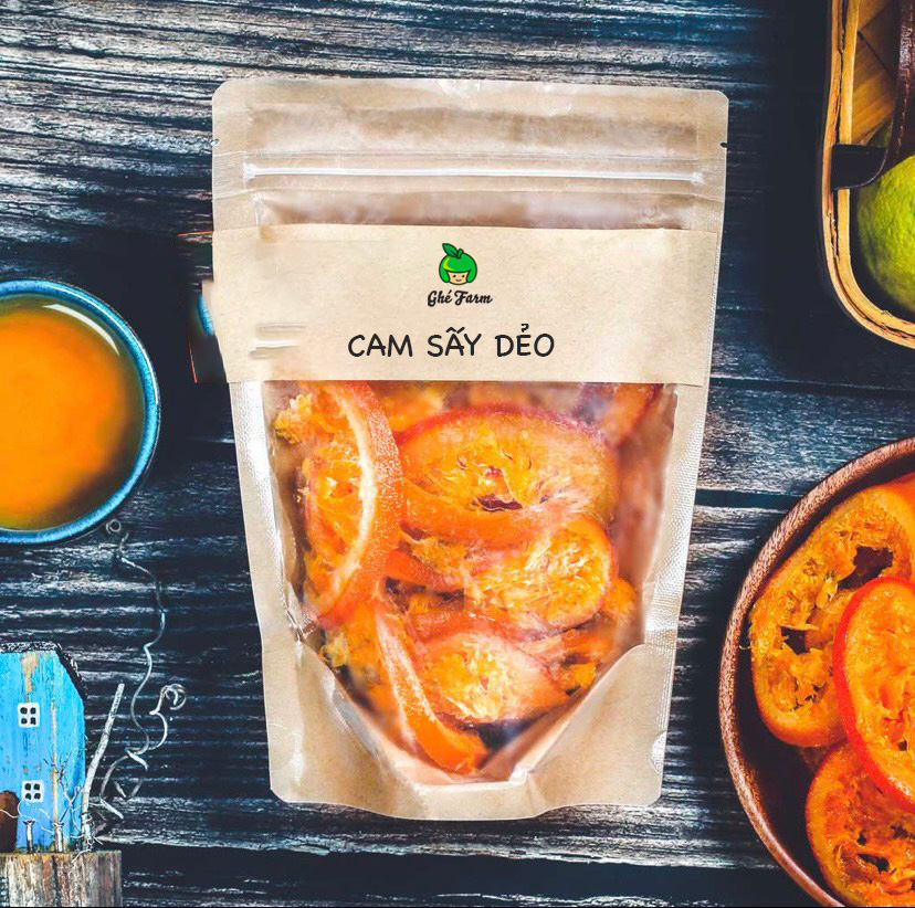 Cam sấy dẻo, 225g, bịch, mẫu kraft 1 mặt trong
