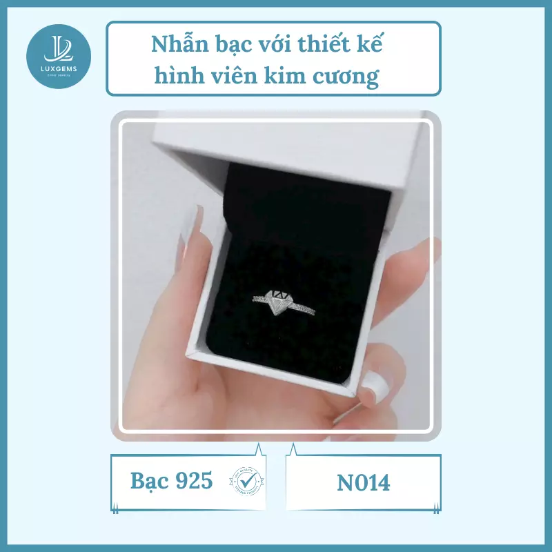 Nhẫn bạc Luxgems với thiết kế hình viên kim cương_N014