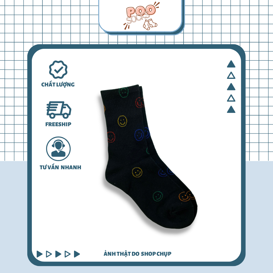Tất Vớ Cổ Cao Nam Nữ POOSOCKS Mặt Cười Đen Trắng Dễ Phối Đồ Cotton 100% Phong Cách Basic Chất Lượng Cao