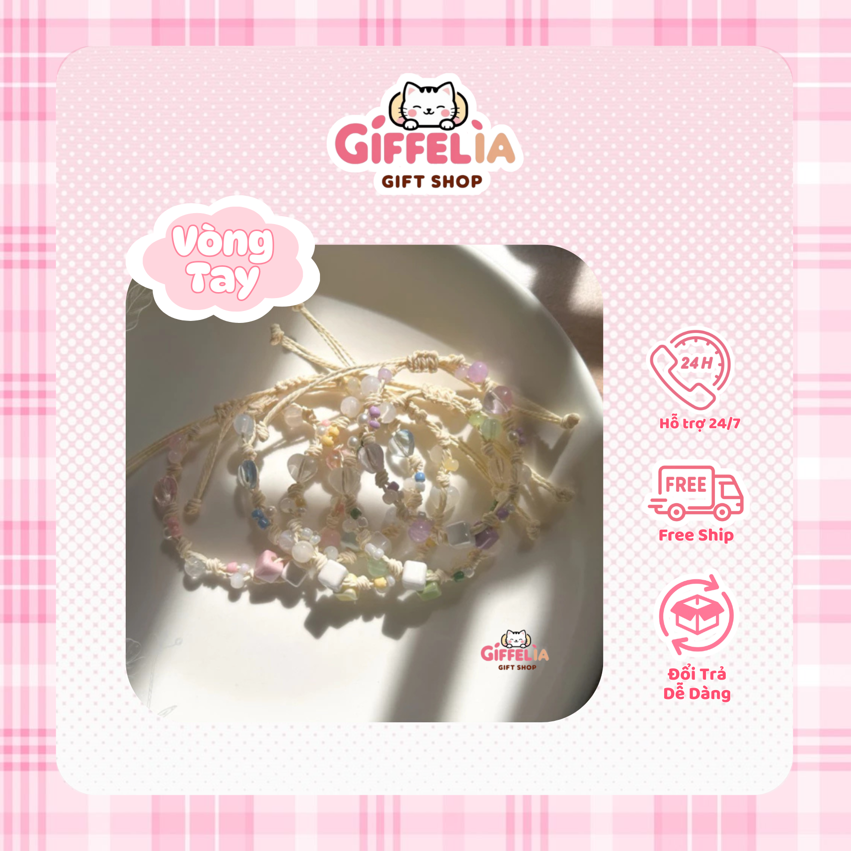 Vòng Tay Dây Rút Mix Charm Gốm Vuông – Giffelia