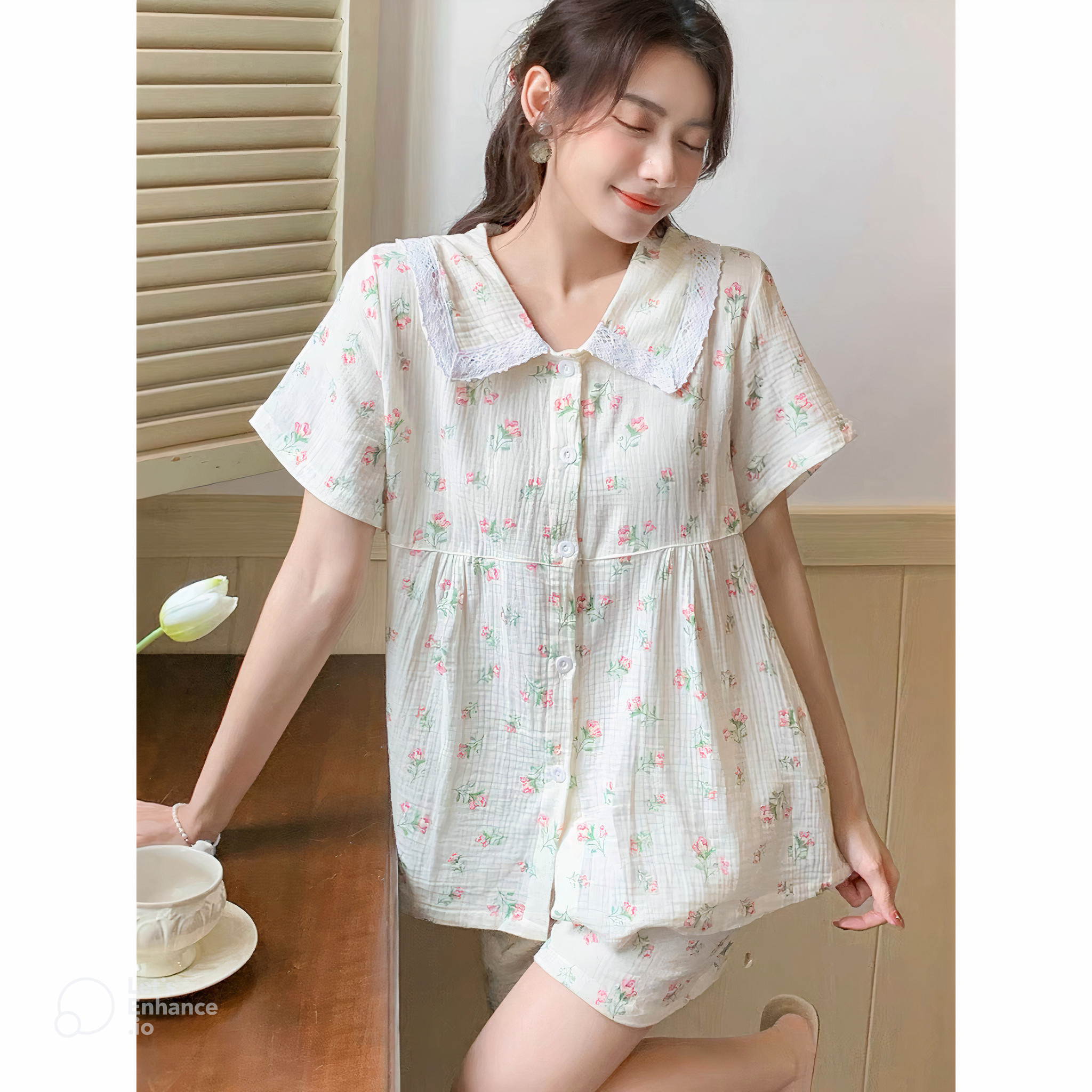 Abbey Clothing- Pijama Ngắn Cổ Hoa Nhí