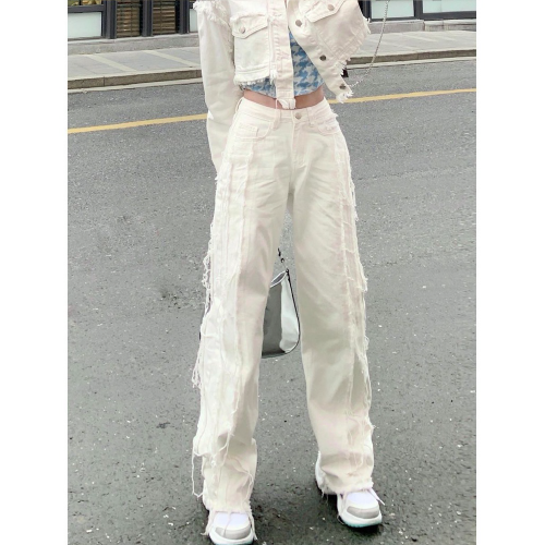 Quần jean ống rộng suông lưng cao màu trắng thời trang mùa thu 2021 cho nữ
