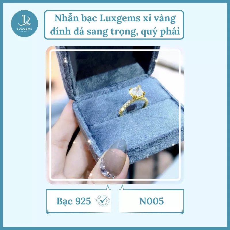 Nhẫn bạc Luxgems xi vàng đính đá sang trọng, quý phái_N005