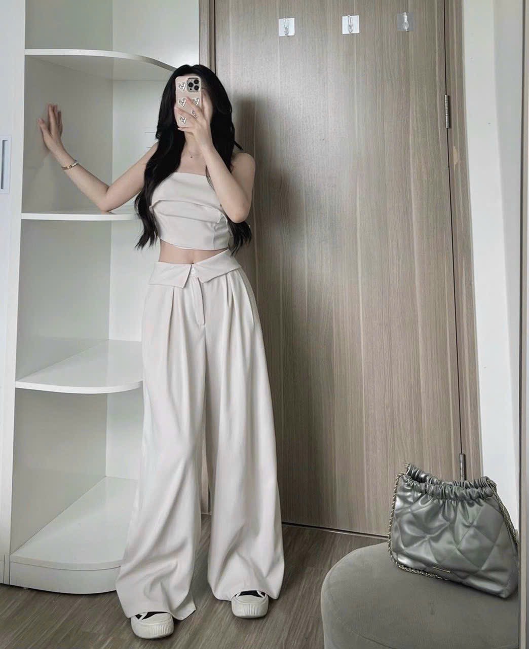 SET ỐNG NUDE ĐAN DÂY LƯNG MIX QUẦN SUÔNG LẬT GẤU EO