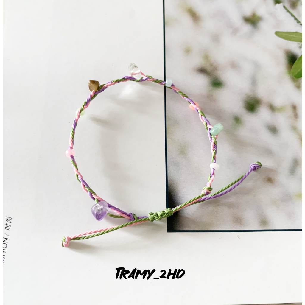 Vòng tay đá handmade dây sáp màu hồng