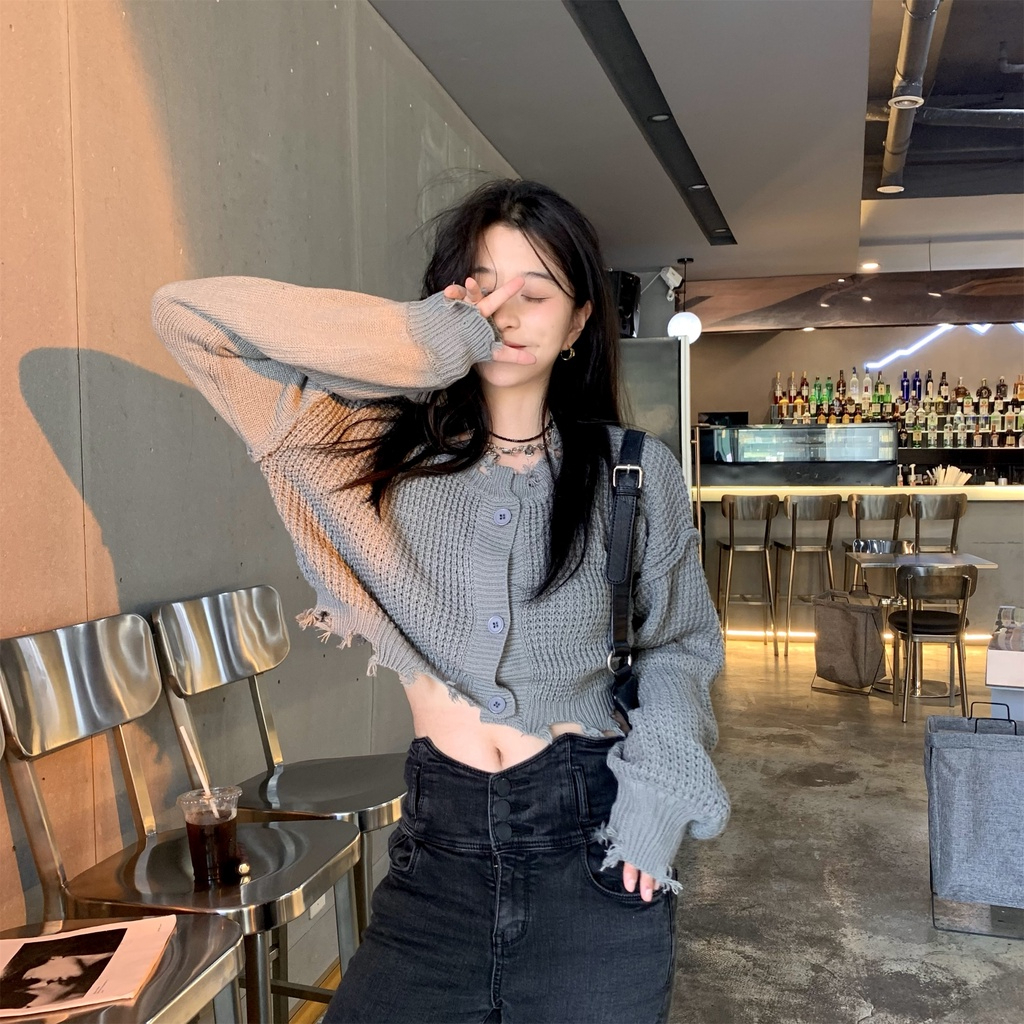 Áo Khoác Len Croptop Dệt Kim Tua Rua