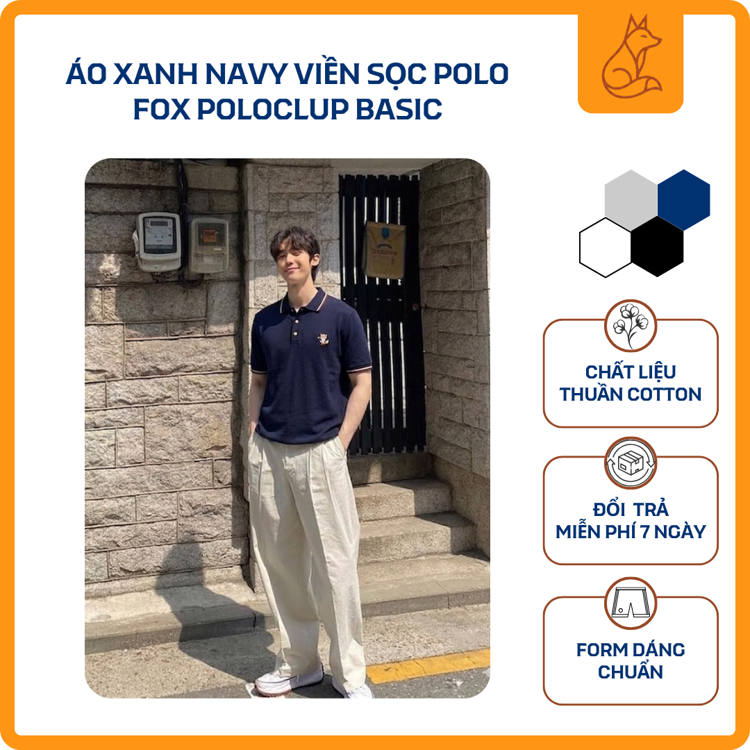 Áo Polo Nam 100% Cotton Fox Polo Club – Xanh Navy Viền Sọc Co Giãn 4 Chiều Form Regular PL008