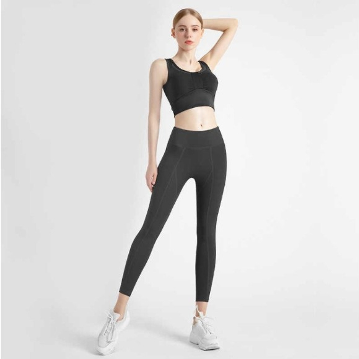 Quần legging tập yoga màu đen trơn lưng cao định hình cơ thể