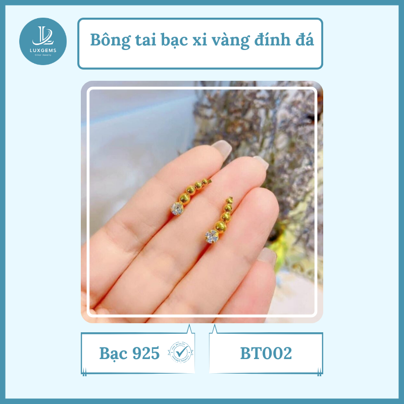 Bông tai Luxgems_Bông tai bạc xi vàng đính đá_BT002