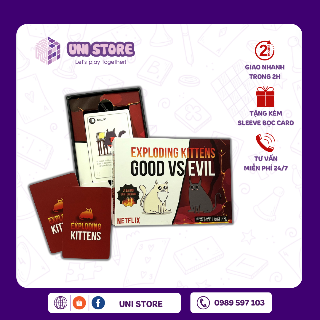 Bộ Bài Mèo Nổ Good Vs Evil Exploding Kittens (Tặng Bọc Card) | Tình Bạn | 65 Lá