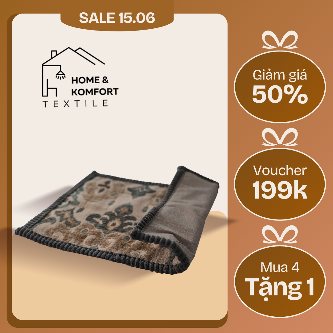 Thảm lau chân 40x60, họa tiết thổ cẩm, hoa văn đơn giản, màu trắng vàng, viền xanh