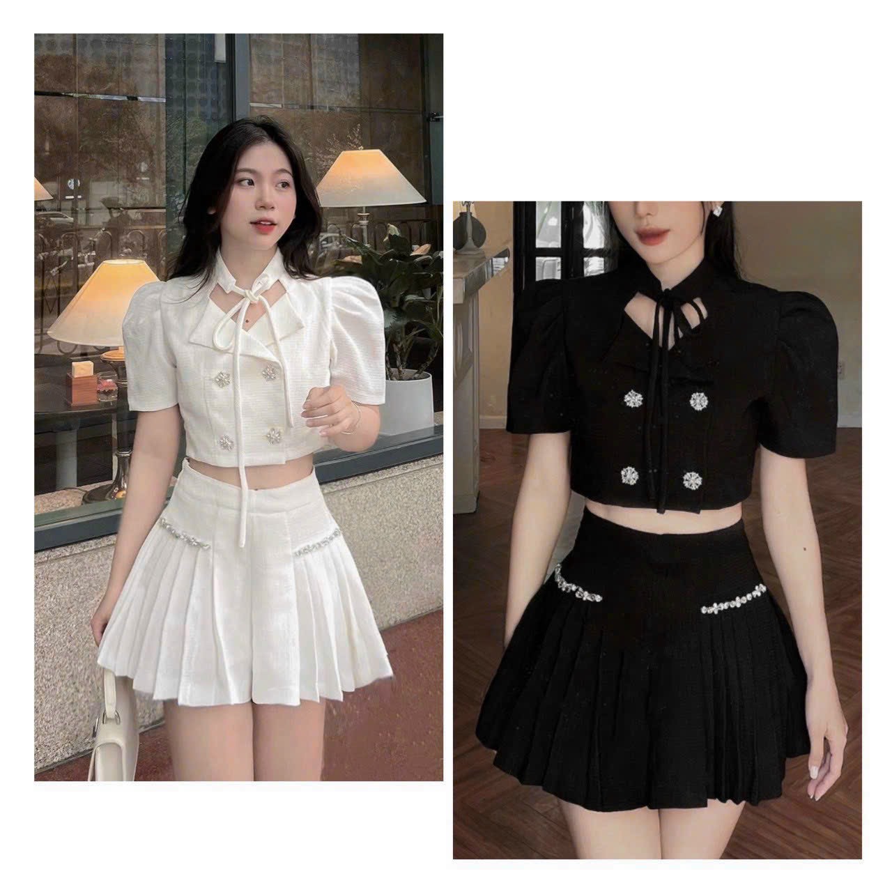 SET ÁO CROPTOP CỘT DÂY NÔ CỔ MIX CHÂN VÁY ĐÍNH ĐÁ XẾP LY