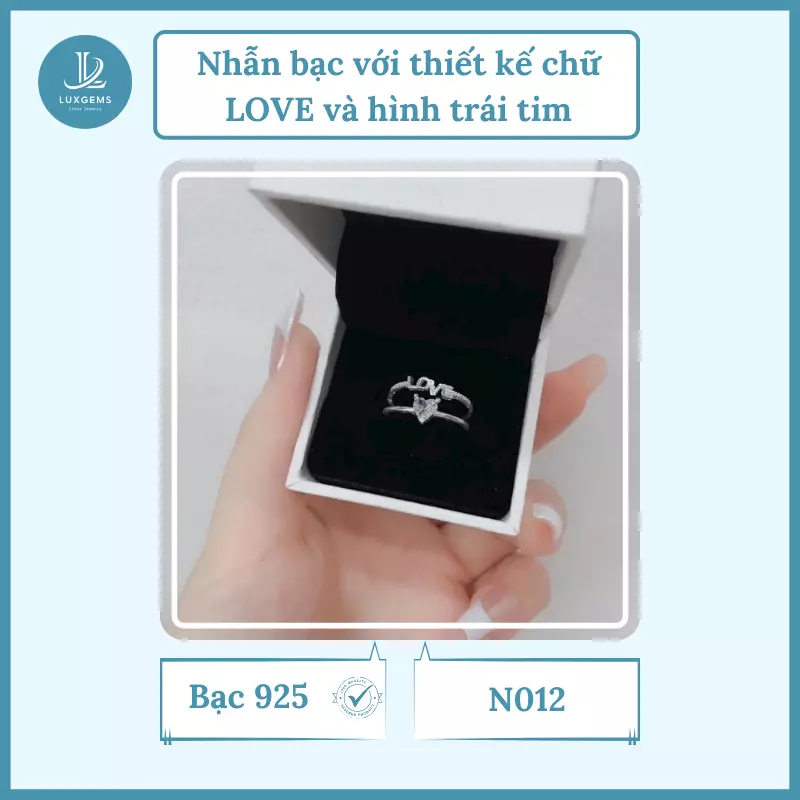 Nhẫn bạc Luxgems với thiết kế chữ LOVE và hình trái tim_N012