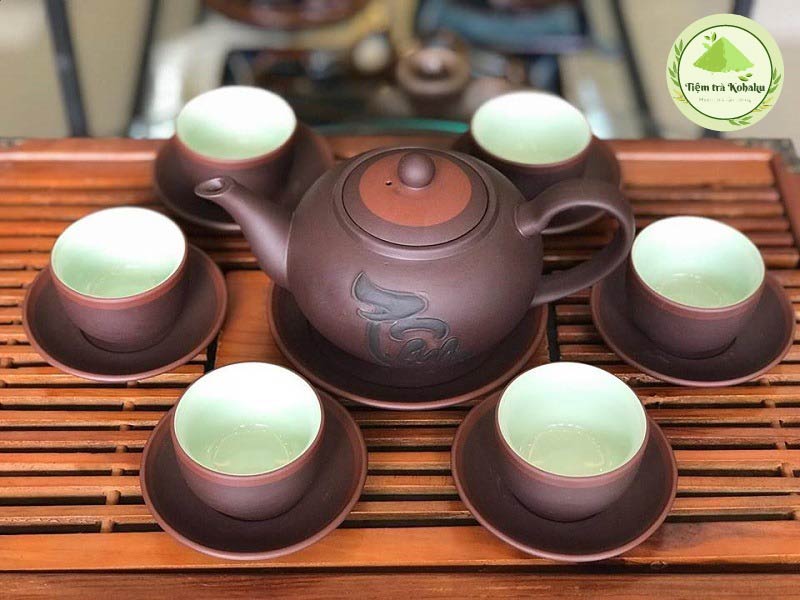 Bộ ấm tử sa điêu khắc chữ Tâm