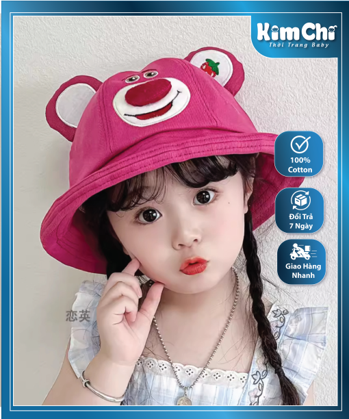 Mũ Bucket GẤU VÀ DÂU LOTSO Cho Bé Gái 6-10 Tuổi