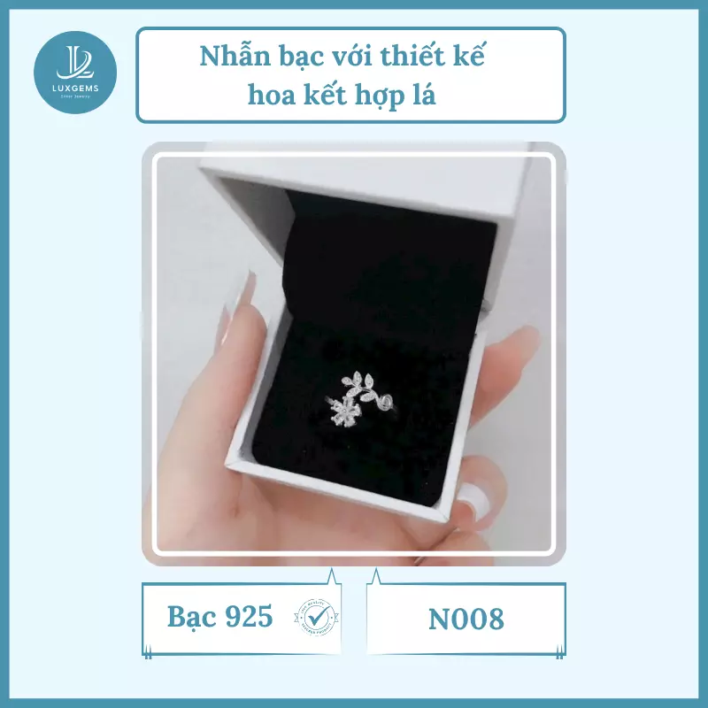 Nhẫn bạc Luxgems với thiết kế hoa kết hợp lá_N008