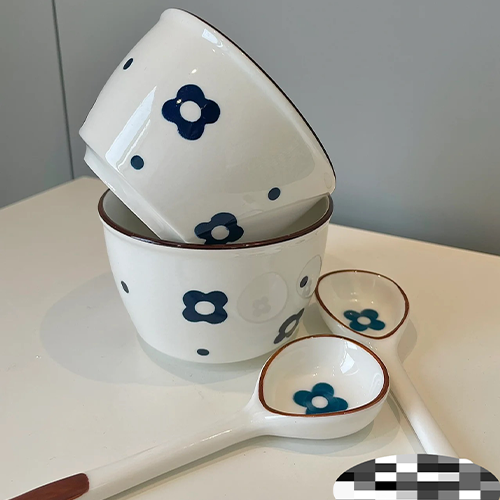 Set bát và muỗng sứ ăn cơm hình bông hoa xanh biển bụ bẫm VTT  - phong cách Hàn Quốc