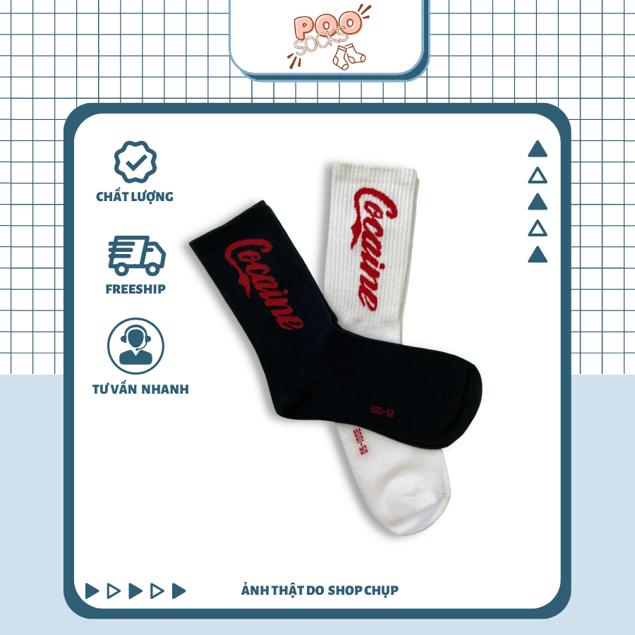 Tất Vớ Cổ Cao Unisex Nam Nữ POOSOCKS In Chữ Cocaine Cotton Cao Cấp Phong Cách Đường Phố Cá Tính