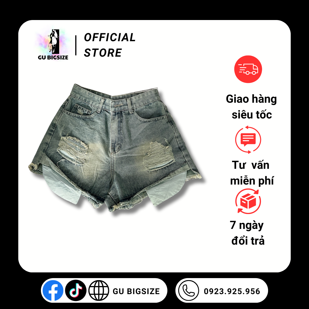 Quần short jean túi lòi lưng cao GU bigsize SJ1096
