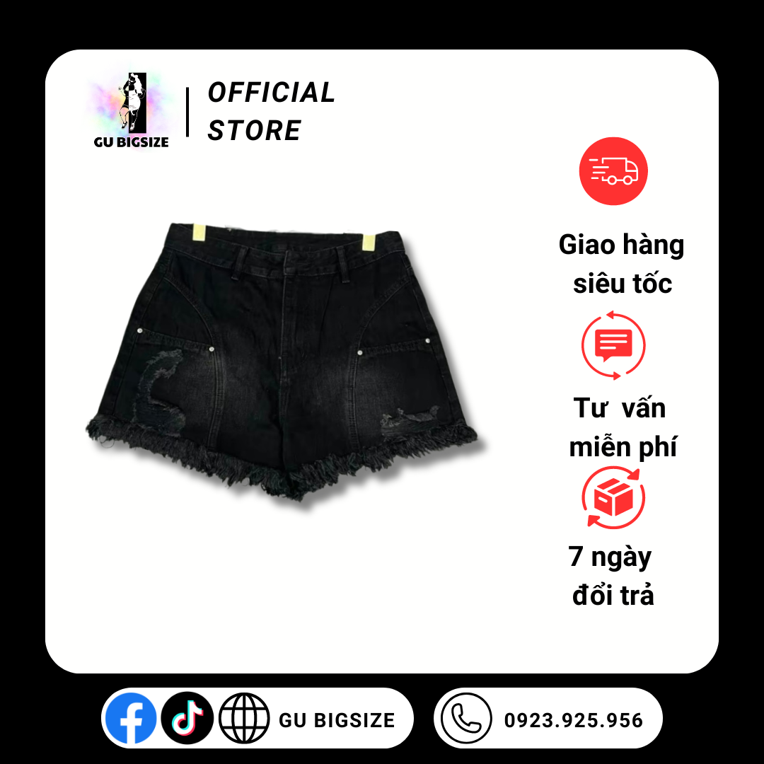 Quần short jean rách tua ống rộng GU bigsize SJQC07