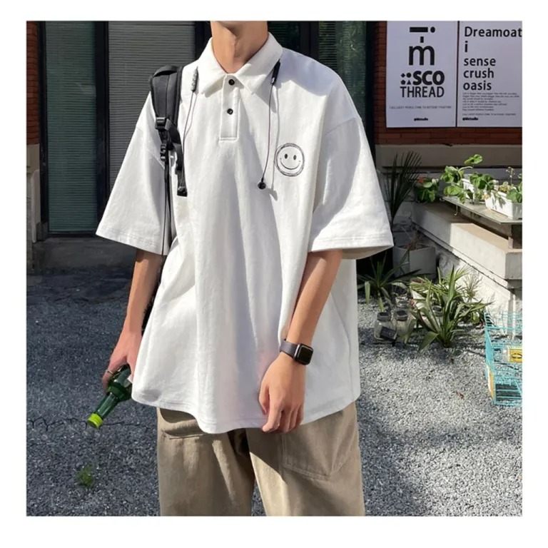 Áo Polo tay lỡ hoạ tiết hình mặt cười