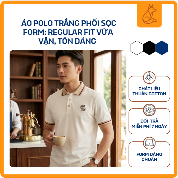 Áo polo trắng phối sọc  Fox Polo Club Vải thun Cotton  Form: Regular fit vừa vặn, tôn dáng PLN2309