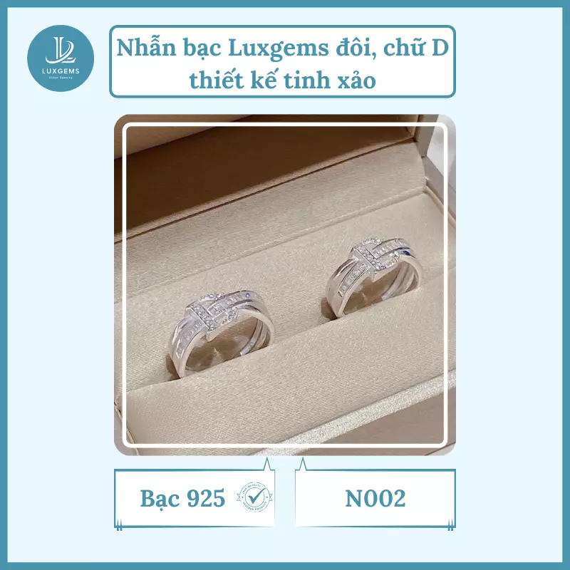 Nhẫn bạc Luxgems đôi, chữ D thiết kế tinh xảo_N002