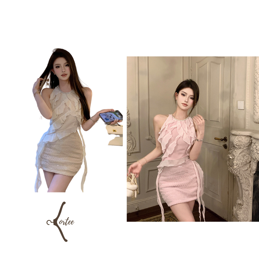 Set nữ phong cách Pháp áo yếm voan áo yếm mùa hè ôm hông váy ngắn váy hai mảnh