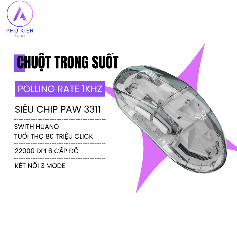 Chuột Gaming Không Dây AULA SC660 -  LED RGB - 3 Modes - Thiết Kế Trong Suốt Độc Đáo.