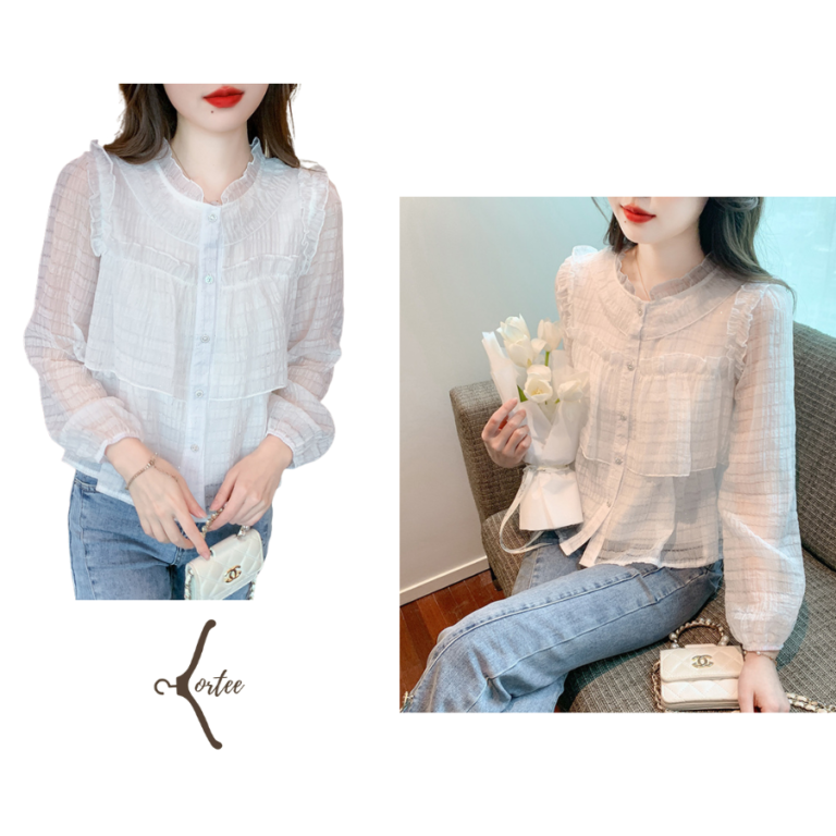 Áo sơ mi voan ren dài tay thiết kế nhún bèo dáng suông