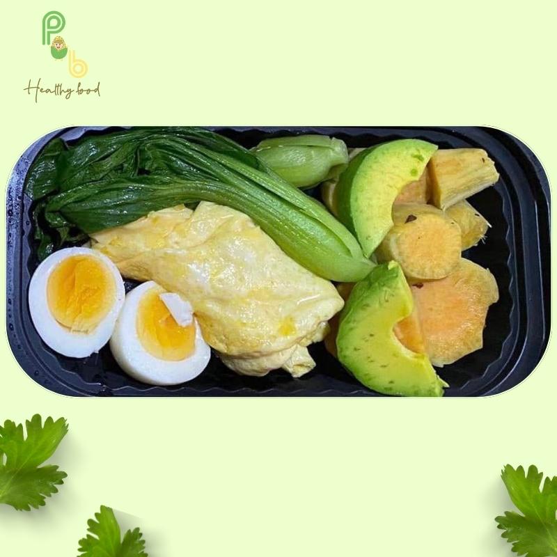 Bơ + trứng gà + khoai lang + cải thìa + trứng chiên