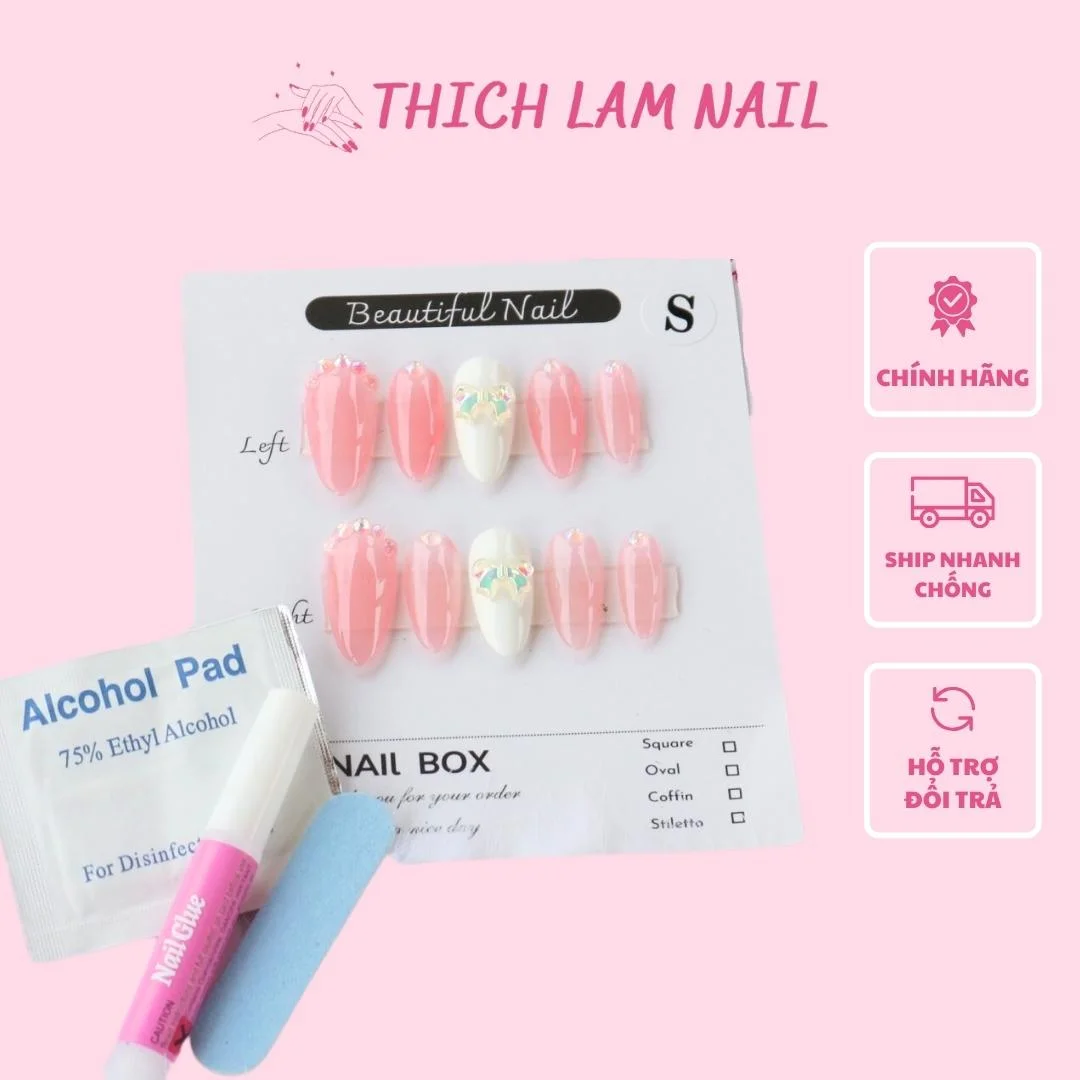 Nailbox 10 Móng Thiết Kế Hồng Trắng Nơ Theo Mẫu Có Đi Kèm Keo Và Dũa