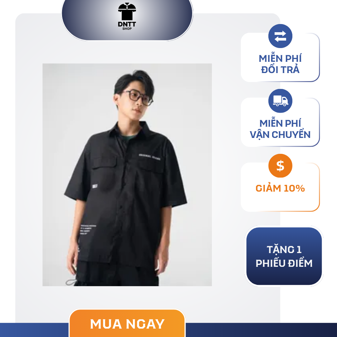 Áo sơ mi nam cổ đức cộc tay hai túi ốp ngực có hình in