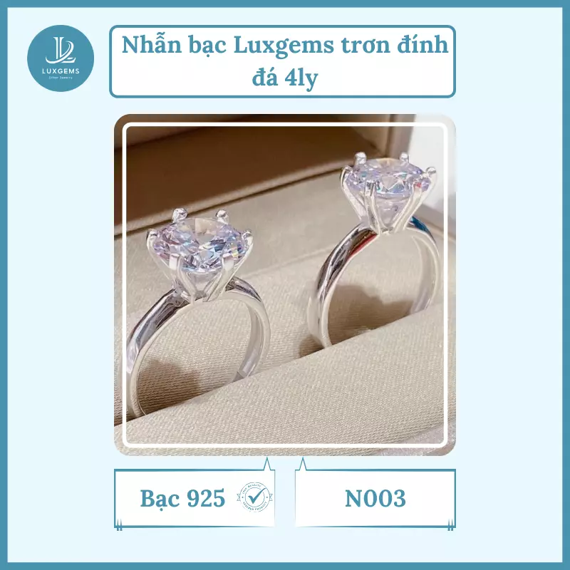 Nhẫn bạc Luxgems trơn đính đá 4ly_N003