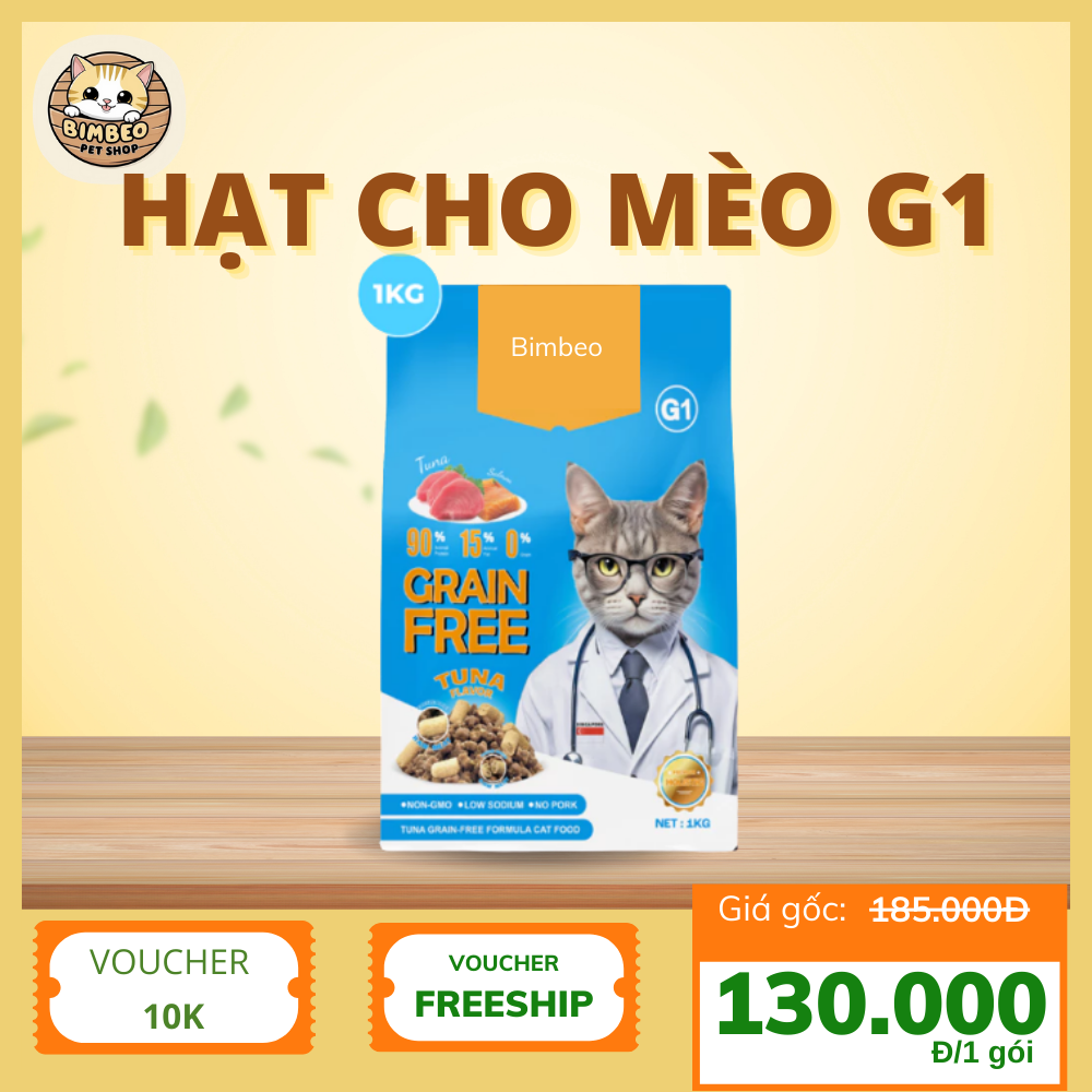 Hạt thức ăn cho mèo kích thích tiêu hoá, tăng cân, lông mượt Bimbeo G1 gói 1kg