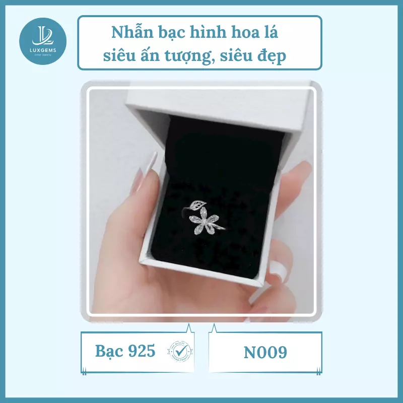 Nhẫn bạc Luxgems hình hoa lá siêu ấn tượng, siêu đẹp_N009