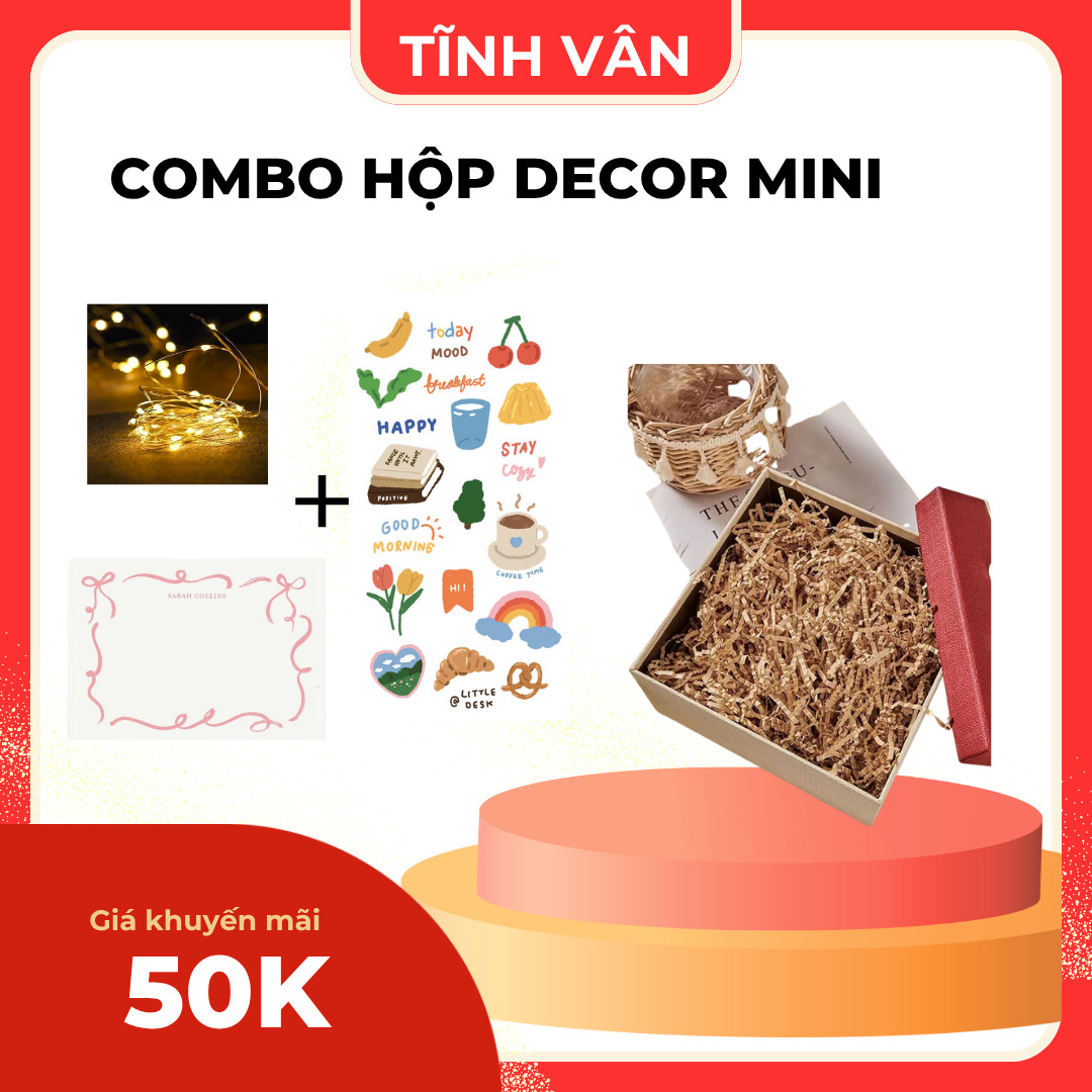 Combo Hộp Decor Mini – Gồm Dây Đèn LED + Sticker + Thiệp – Quà Tặng Đính Kèm – Tĩnh Vân Decor