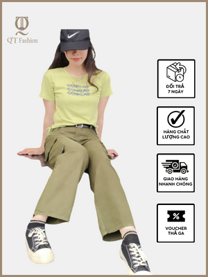 Quần Nữ Kaki Túi Hộp Ống Rộng Cạp Cao