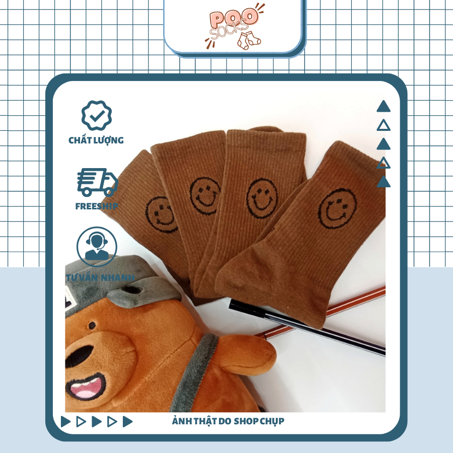 Tất Vớ Cổ Cao Nam Nữ POOSOCKS Icon Mặt Cười Tròn Dễ Thương Thấm Hút Mồ Hồi Nhanh Chóng Màu Nâu Đậm