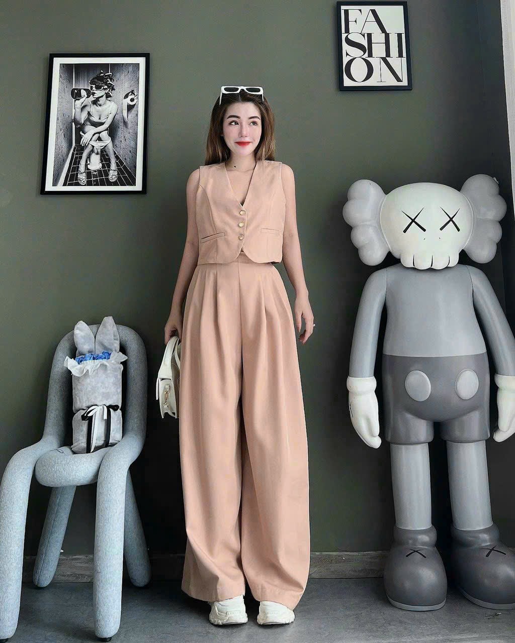 SET ÁO GILE NUDE CỔ V MIX QUẦN SUÔNG RỘNG DÀI SANG TRỌNG