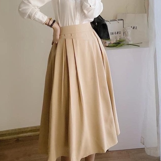 Chân váy midi xòe dáng dài ly đúp chất liệu công sở mềm rủ
