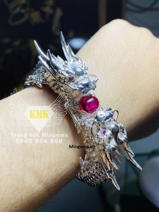 Vòng tay bạc Đầu Rồng 3D siêu nét đính Ruby Phong Cách Phú Lê