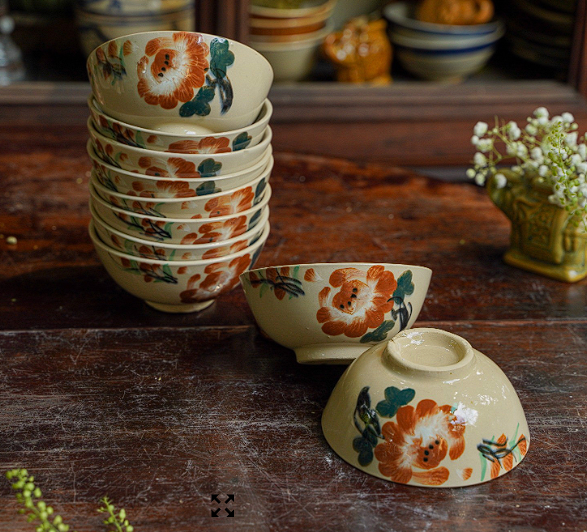 Chén cơm vẽ tay họa tiết bông nâu