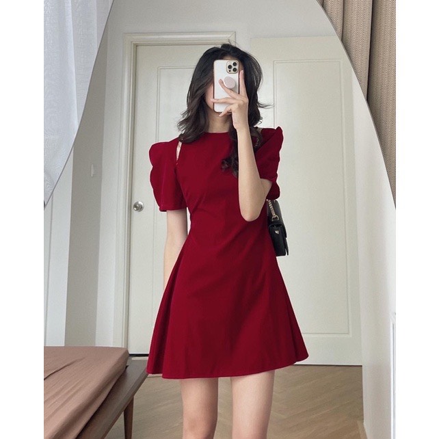 Đầm Váy Nhung Khoét Vai Dáng Chữ A Mặc Đi Chơi Noel Tết